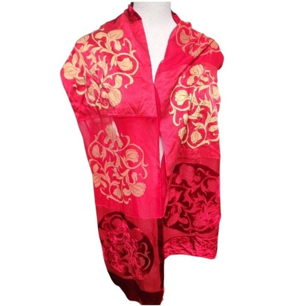 Conchi New York Vintage Reversible Velvet Burnout Silk Scarf Red 69"x10" Boho